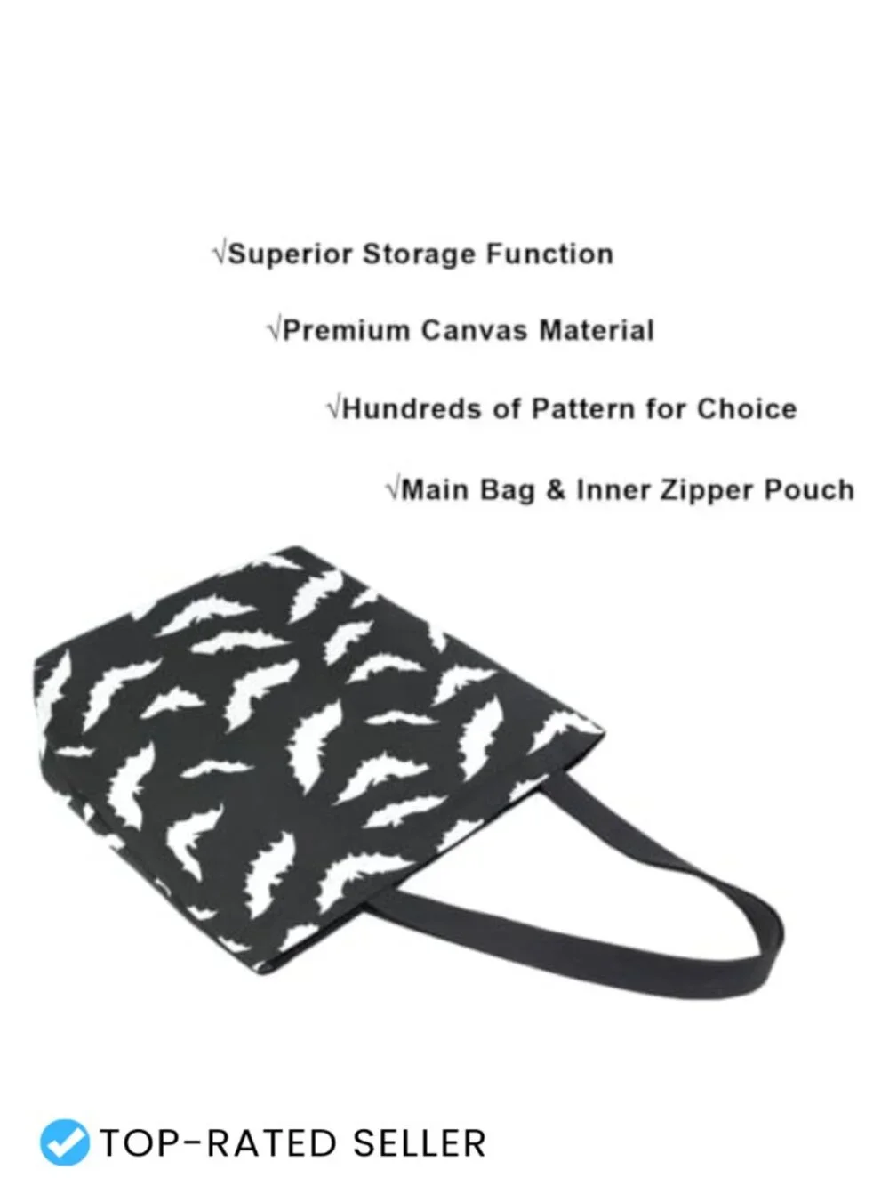 Extra Large Canvas Shoulder Tote Bag Halloween Bats Pattern Reusable Shopping